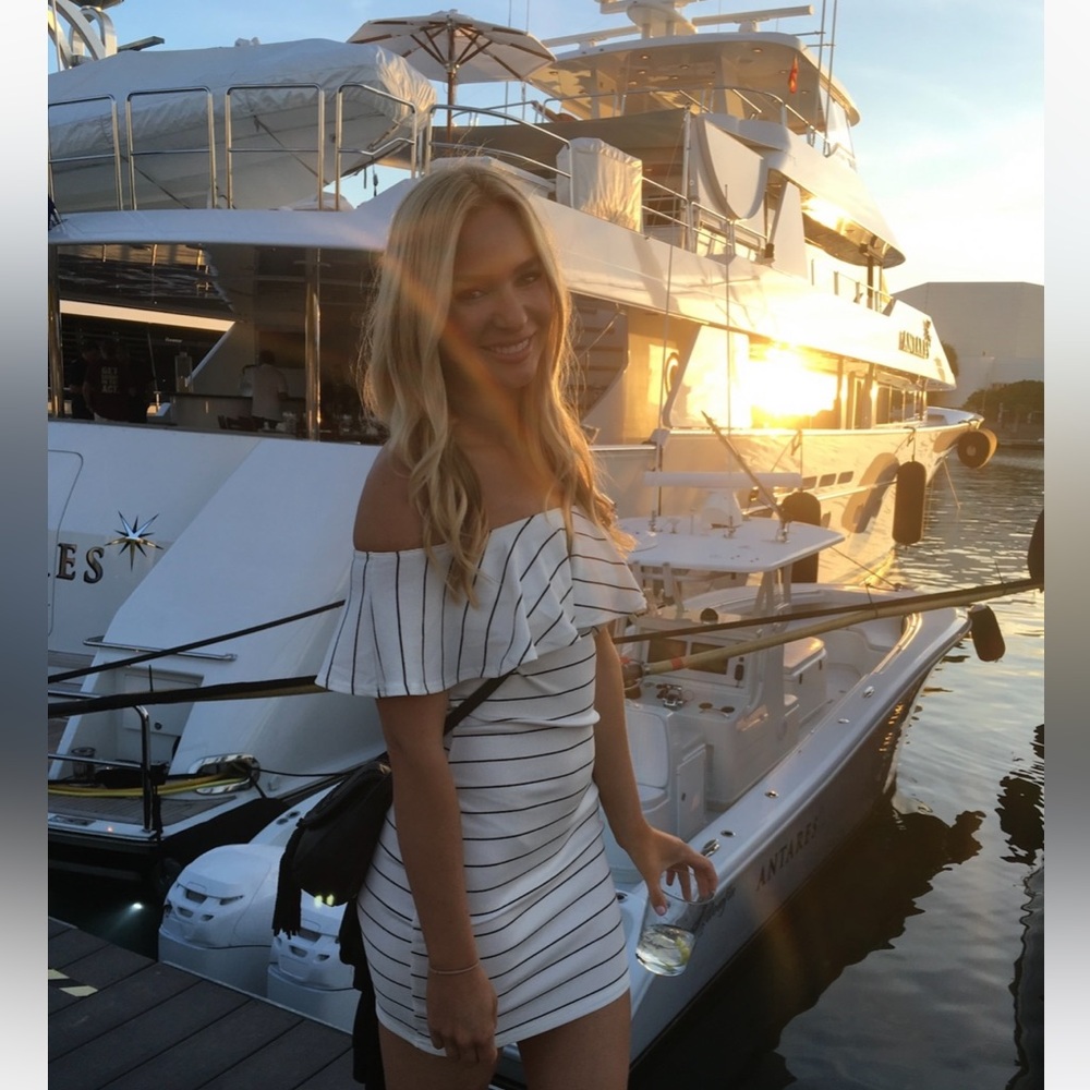 White with black stripes Barcelona dress. (Man not included 😂)